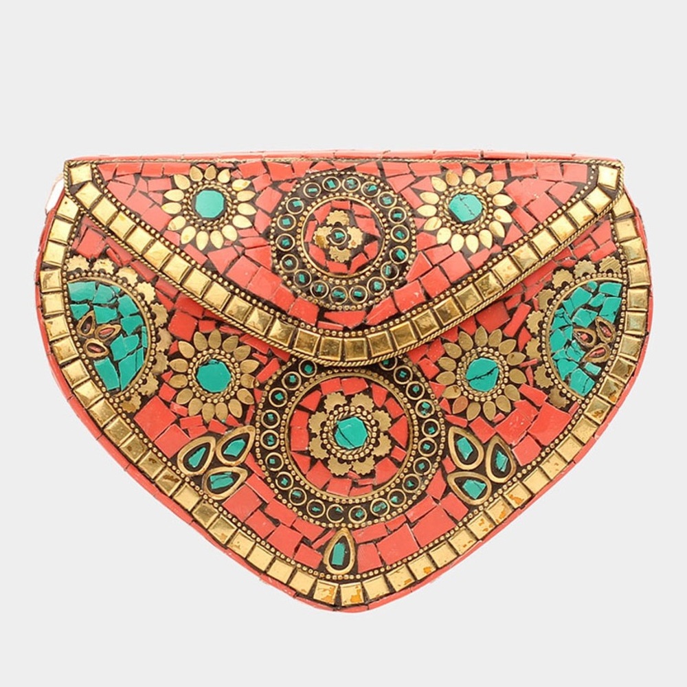Elegant Gold Boho Orange & Turquoise Statement Bag - Picture 3 of 4